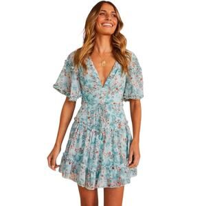 Angel Biba NWT Flouncy Ruffle Mini Dress‎ Teal Floral Size Large Coquette Empire